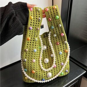 Funky Green Crochet Knit Tote Bag Purse Multi Pearls & Pearl Chain OS New